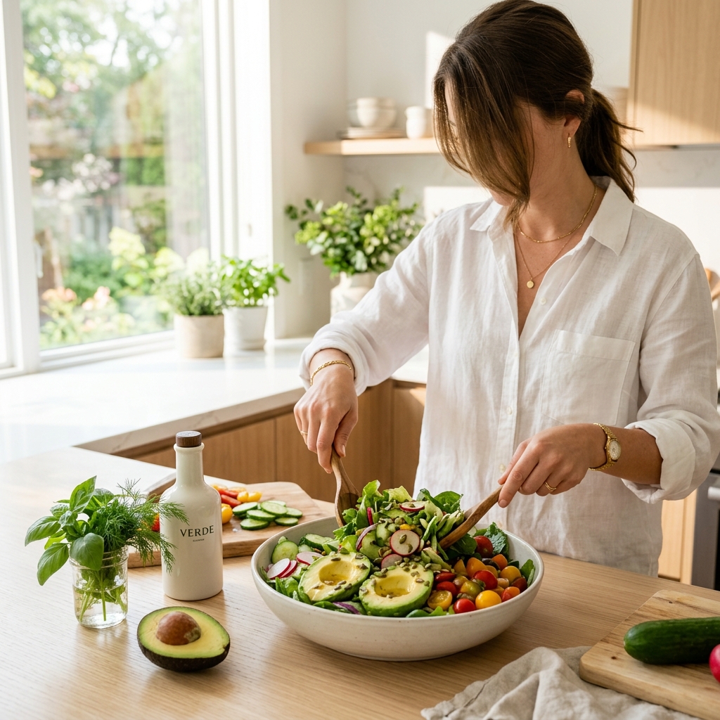 Person preparing a balanced meal in a bright kitchen